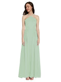 Long A-Line Halter Sleeveless Sage Chiffon Bridesmaid Dress Raya