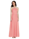 Long A-Line Halter Sleeveless Watermelon Chiffon Bridesmaid Dress Raya