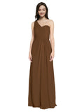 Long A-Line One Shoulder Sweetheart Sleeveless Brown Chiffon Bridesmaid Dress Ida