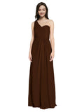 Long A-Line One Shoulder Sweetheart Sleeveless Chocolate Chiffon Bridesmaid Dress Ida