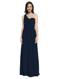 Long A-Line One Shoulder Sweetheart Sleeveless Dark Navy Chiffon Bridesmaid Dress Ida