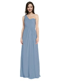 Long A-Line One Shoulder Sweetheart Sleeveless Dusty Blue Chiffon Bridesmaid Dress Ida