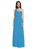 Long A-Line One Shoulder Sweetheart Sleeveless Peacock Blue Chiffon Bridesmaid Dress Ida