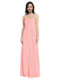 Long A-Line One Shoulder Sweetheart Sleeveless Salmon Chiffon Bridesmaid Dress Ida