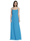 Long A-Line Spaghetti Straps Sleeveless Peacock Blue Chiffon Bridesmaid Dress Owen