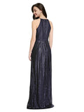 Dark Navy High Neck Halter Long Sleeveless Sequin Bridesmaid Dress Duran