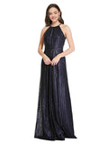 Dark Navy High Neck Halter Long Sleeveless Sequin Bridesmaid Dress Duran