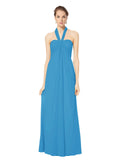 Long Empire Halter Sleeveless Peacock Blue Chiffon Bridesmaid Dress Kennedy