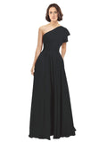 Black A-Line One Shoulder Long Bridesmaid Dress Josephine