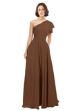 Brown A-Line One Shoulder Long Bridesmaid Dress Josephine