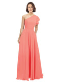 Coral A-Line One Shoulder Long Bridesmaid Dress Josephine