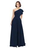 Dark Navy A-Line One Shoulder Long Bridesmaid Dress Josephine