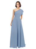 Dusty Blue A-Line One Shoulder Long Bridesmaid Dress Josephine