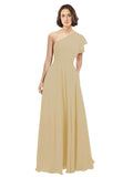 Gold A-Line One Shoulder Long Bridesmaid Dress Josephine