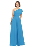 Peacock Blue A-Line One Shoulder Long Bridesmaid Dress Josephine