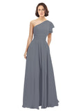 Slate Grey A-Line One Shoulder Long Bridesmaid Dress Josephine