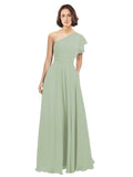 Smoke Green A-Line One Shoulder Long Bridesmaid Dress Josephine