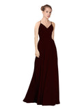 Burgundy Gold A-Line V-Neck Long Bridesmaid Dress Maria