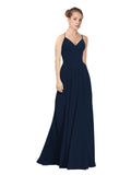 Dark Navy A-Line V-Neck Long Bridesmaid Dress Maria