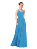 Peacock Blue A-Line V-Neck Long Bridesmaid Dress Maria