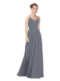 Slate Grey A-Line V-Neck Long Bridesmaid Dress Maria