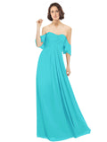 Aqua A-Line Off the Shoulder Off the Shoulder Long Bridesmaid Dress Katherine