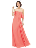 Coral A-Line Off the Shoulder Off the Shoulder Long Bridesmaid Dress Katherine