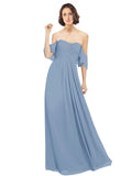 Dusty Blue A-Line Off the Shoulder Off the Shoulder Long Bridesmaid Dress Katherine