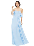 Light Sky Blue A-Line Off the Shoulder Off the Shoulder Long Bridesmaid Dress Katherine