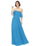 Peacock Blue A-Line Off the Shoulder Off the Shoulder Long Bridesmaid Dress Katherine