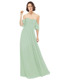 Sage A-Line Off the Shoulder Off the Shoulder Long Bridesmaid Dress Katherine