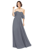 Slate Grey A-Line Off the Shoulder Off the Shoulder Long Bridesmaid Dress Katherine