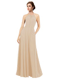 Champagne A-Line Halter Sleeveless Long Bridesmaid Dress Taylor