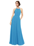 Peacock Blue A-Line Halter Sleeveless Long Bridesmaid Dress Taylor