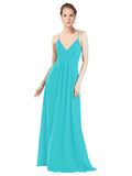 Aqua A-Line V-Neck Spaghetti Straps Long Bridesmaid Dress Hadley