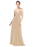 Champagne A-Line V-Neck Spaghetti Straps Long Bridesmaid Dress Hadley