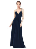 Dark Navy A-Line V-Neck Spaghetti Straps Long Bridesmaid Dress Hadley