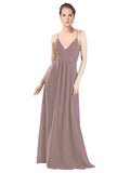 Dusty Rose A-Line V-Neck Spaghetti Straps Long Bridesmaid Dress Hadley