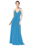 Peacock Blue A-Line V-Neck Spaghetti Straps Long Bridesmaid Dress Hadley