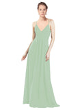 Sage A-Line V-Neck Spaghetti Straps Long Bridesmaid Dress Hadley