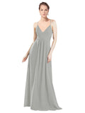 Silver A-Line V-Neck Spaghetti Straps Long Bridesmaid Dress Hadley