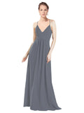 Slate Grey A-Line V-Neck Spaghetti Straps Long Bridesmaid Dress Hadley