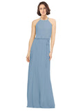 Dusty Blue A-Line Jewel Sleeveless Long Bridesmaid Dress Ariel