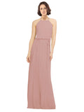 Dusty Pink A-Line Jewel Sleeveless Long Bridesmaid Dress Ariel