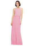 Hot Pink A-Line Jewel Sleeveless Long Bridesmaid Dress Ariel