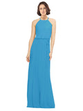 Peacock Blue A-Line Jewel Sleeveless Long Bridesmaid Dress Ariel