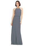 Slate Grey A-Line Jewel Sleeveless Long Bridesmaid Dress Ariel