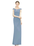 Dusty Blue Mermaid, Fit and Flare Bateau, High Neck Sleeveless Long Bridesmaid Dress Emilee 