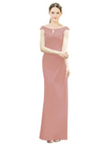 Dusty Pink Mermaid, Fit and Flare Bateau, High Neck Sleeveless Long Bridesmaid Dress Emilee 