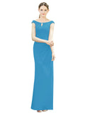 Peacock Blue Mermaid, Fit and Flare Bateau, High Neck Sleeveless Long Bridesmaid Dress Emilee 